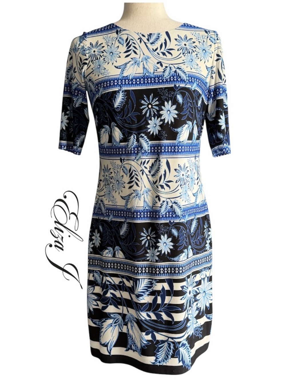Eliza J Blue and White Floral Stripe Sheath Dress Short Sleeve Gold Zipper 2